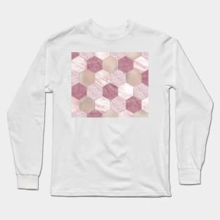 Carnation pink rose gold foil - marble hexagons Long Sleeve T-Shirt